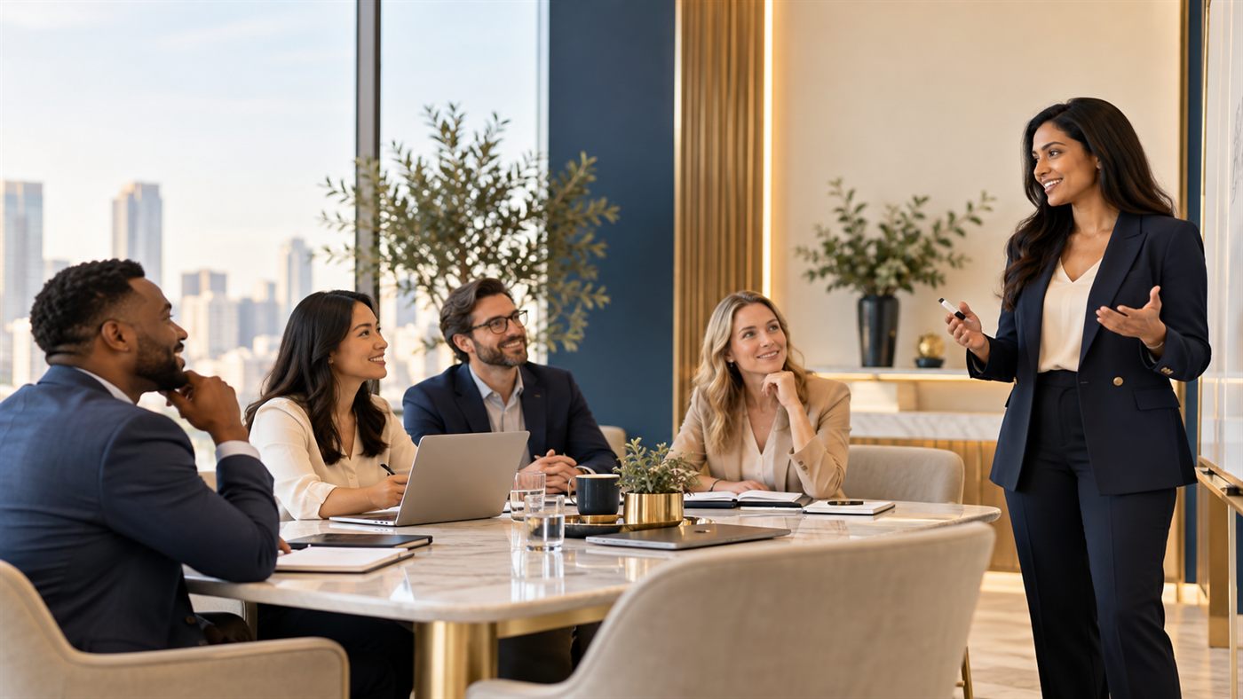 A KBM facilitator leading a corporate training session with a team around a boardroom table