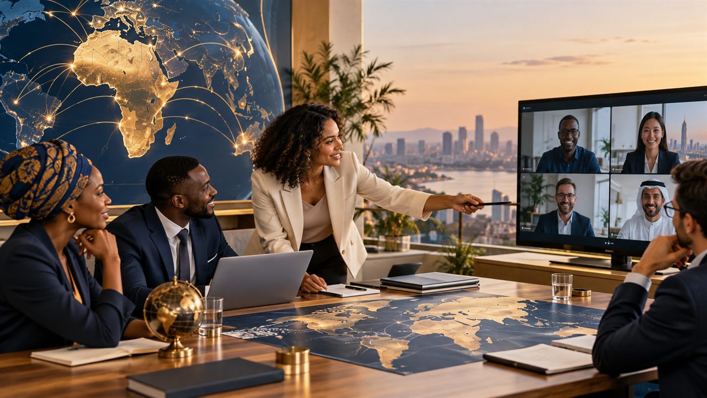 A KBM facilitator presenting to an in-person and remote international team in front of a map of Africa